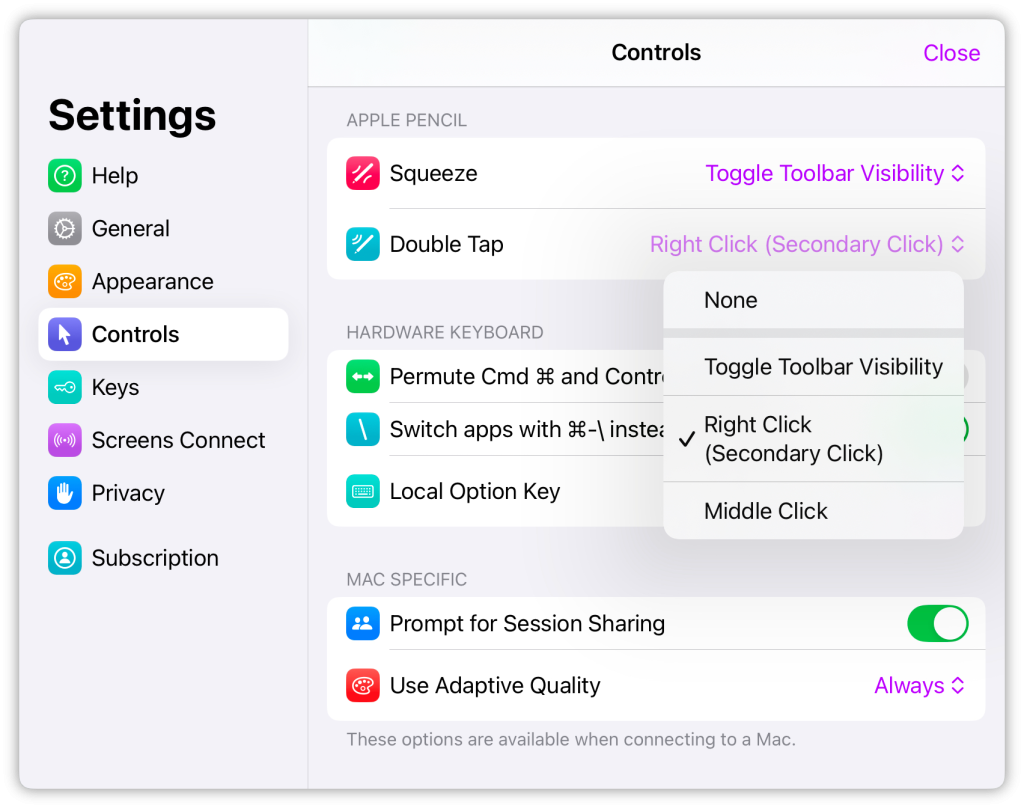 Apple Pencil settings.